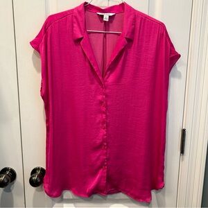 Nine West Women’s Collared VNeck Button-Up Cap Sleeve Hot Pink Blouse Size Large